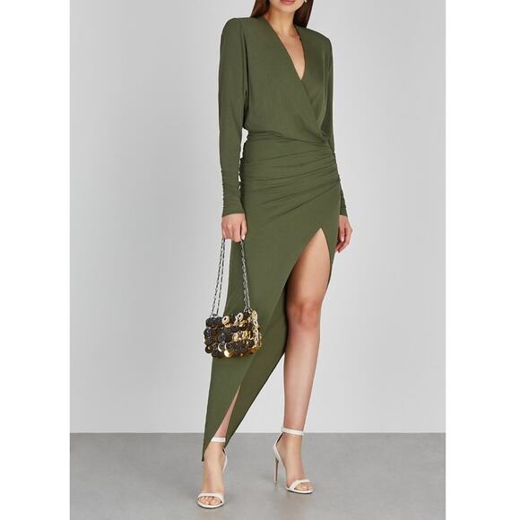 Alexandre Vauthier | Women’s Olive Green Stretch Jersey Gown Maxi Dress Ruched - Picture 2 of 14